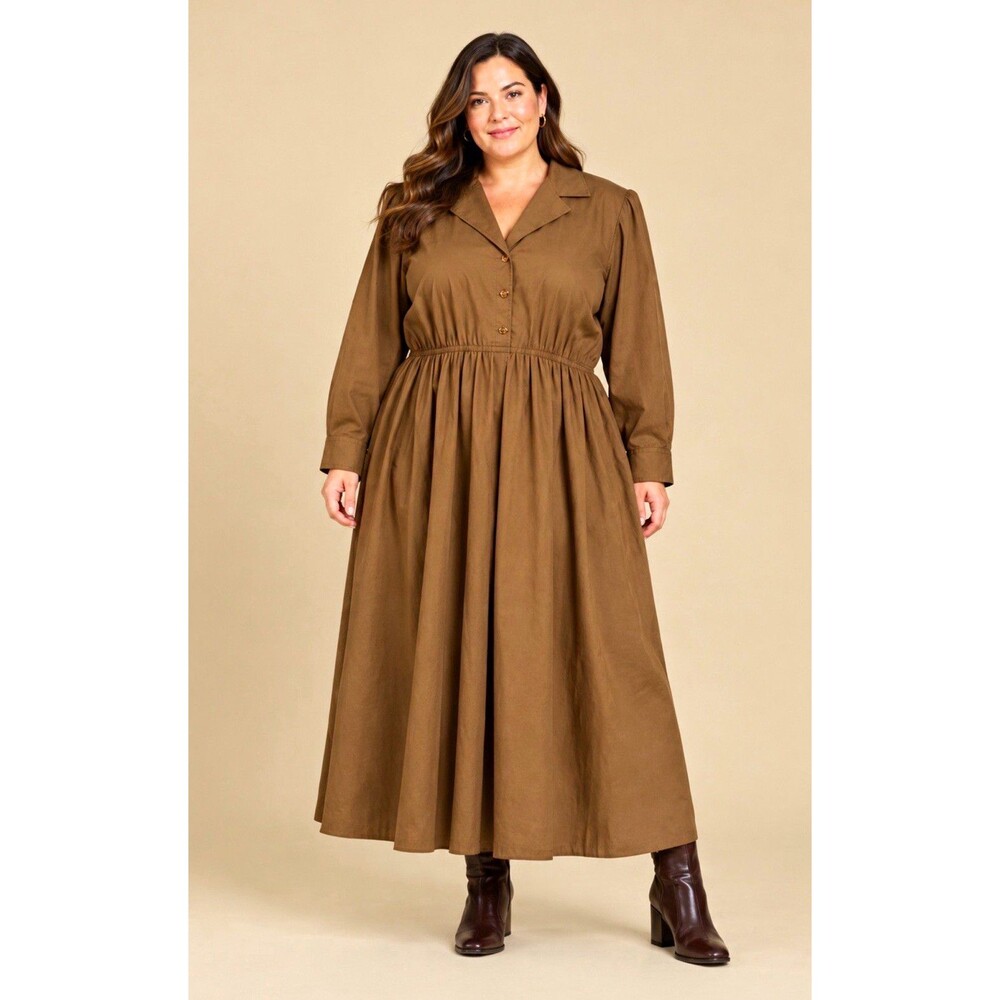 Vintage Plus Size Shirt Dress Long Sleeve Button Front Retro cotton blend Brown